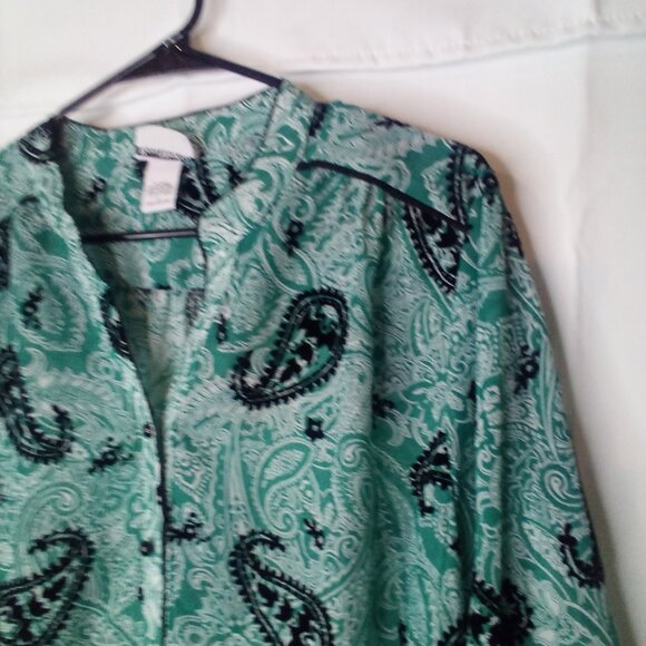 Bon Worth Blouse L Long Sleeve Button Up Simi Sheer Velvet Detail Green Black - Picture 3 of 14